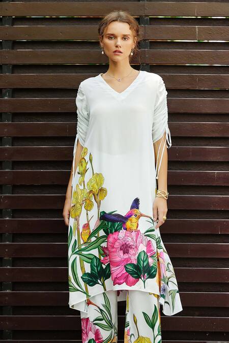 Buy_Nautanky_White Crepe V-neck Flourish Printed Asymmetric Kurta And Pant Set 