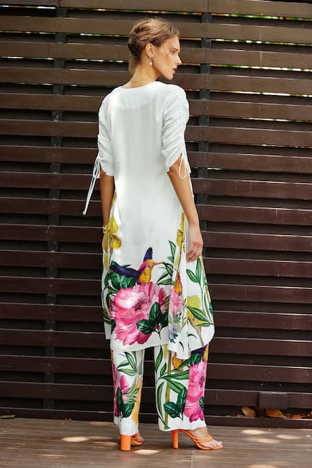 Shop_Nautanky_White Crepe V-neck Flourish Printed Asymmetric Kurta And Pant Set _at_Aza_Fashions