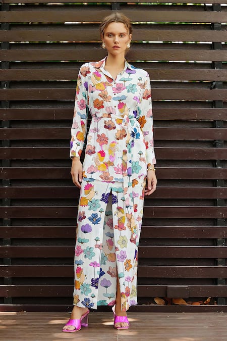 Nautanky White Crepe Embroidery, Beads Collared Floral Print Shirt With Skirt Online at Aza Fashions Nautanky_White Crepe Embroidery, Beads Collared Floral Print Shirt With Skirt _Online_at_Aza_Fashions