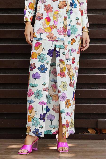 Buy Nautanky White Crepe Embroidery, Beads Collared Floral Print Shirt With Skirt Online at Aza Fashions Buy_Nautanky_White Crepe Embroidery, Beads Collared Floral Print Shirt With Skirt _Online_at_Aza_Fashions