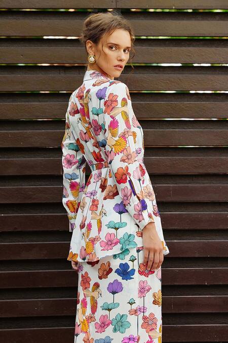 Shop Nautanky White Crepe Embroidery, Beads Collared Floral Print Shirt With Skirt Online at Aza Fashions Shop_Nautanky_White Crepe Embroidery, Beads Collared Floral Print Shirt With Skirt _Online_at_Aza_Fashions