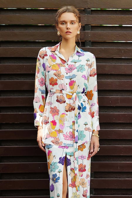 Nautanky White Crepe Embroidery, Beads Collared Floral Print Shirt With Skirt at Aza Fashions Nautanky_White Crepe Embroidery, Beads Collared Floral Print Shirt With Skirt _at_Aza_Fashions