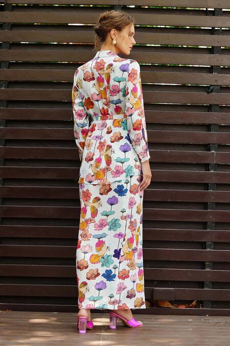 Shop Nautanky White Crepe Embroidery, Beads Collared Floral Print Shirt With Skirt at Aza Fashions Shop_Nautanky_White Crepe Embroidery, Beads Collared Floral Print Shirt With Skirt _at_Aza_Fashions