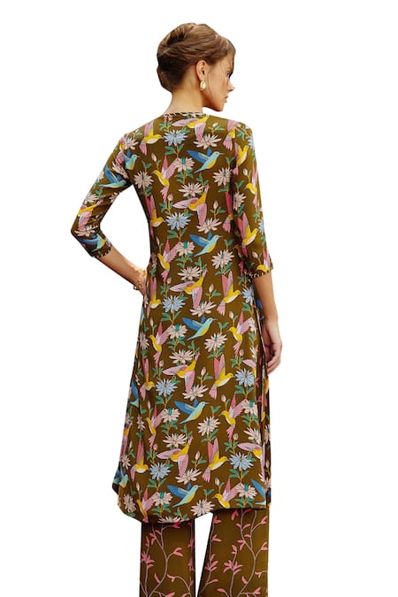 Nautanky Green Crepe Beads V-neck Aviary Printed Kurta With Straight Pant at Aza Fashions Nautanky_Green Crepe Beads V-neck Aviary Printed Kurta With Straight Pant _at_Aza_Fashions