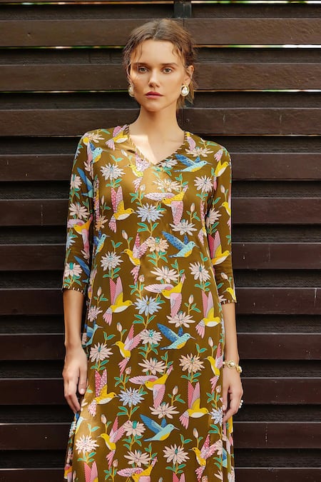 Buy Nautanky Green Crepe Beads V-neck Aviary Printed Kurta With Straight Pant Buy_Nautanky_Green Crepe Beads V-neck Aviary Printed Kurta With Straight Pant