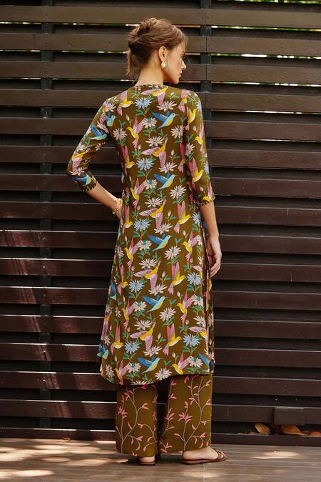 Shop Nautanky Green Crepe Beads V-neck Aviary Printed Kurta With Straight Pant at Aza Fashions Shop_Nautanky_Green Crepe Beads V-neck Aviary Printed Kurta With Straight Pant _at_Aza_Fashions