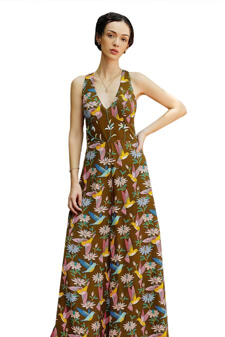 Nautanky_Green Crepe V-neck Aviary Botanical Print Jumpsuit _Online_at_Aza_Fashions