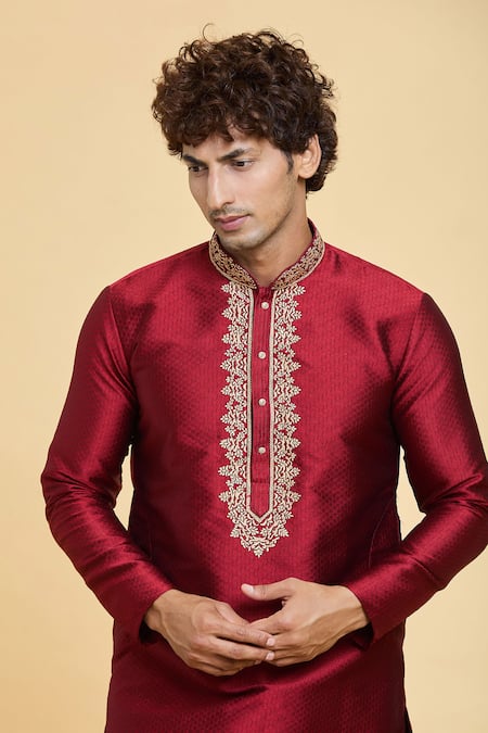 Arihant Rai Sinha_Maroon Jacquard, Silk Embroidery Floret Placket Kurta With Churidar _at_Aza_Fashions