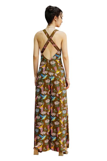 Buy_Nautanky_Green Crepe V-neck Aviary Botanical Print Jumpsuit 