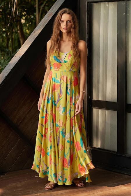 Nautanky Yellow Natural Crepe Printed Botanical Round Back Cut-out Dress 