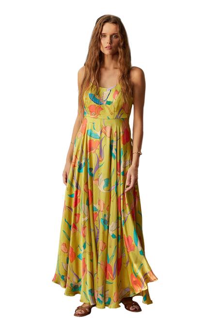 Nautanky_Yellow Crepe Sequins, Beads Round Neck Botanical Print Back Cut-out Dress _Online_at_Aza_Fashions