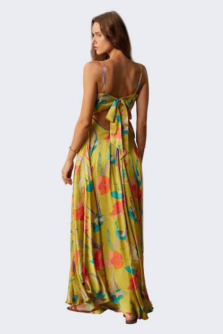 Shop_Nautanky_Yellow Crepe Sequins, Beads Round Neck Botanical Print Back Cut-out Dress _Online_at_Aza_Fashions