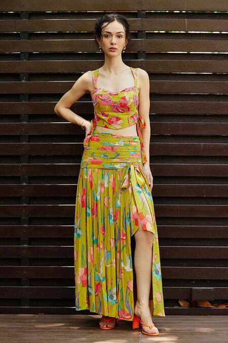 Buy Nautanky Yellow Crepe Beads Sweetheart Neck Botanical Print Bustier With Slit Skirt Online at Aza Fashions Buy_Nautanky_Yellow Crepe Beads Sweetheart Neck Botanical Print Bustier With Slit Skirt _Online_at_Aza_Fashions