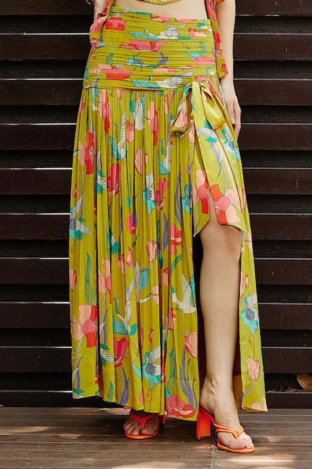 Shop Nautanky Yellow Crepe Beads Sweetheart Neck Botanical Print Bustier With Slit Skirt Online at Aza Fashions Shop_Nautanky_Yellow Crepe Beads Sweetheart Neck Botanical Print Bustier With Slit Skirt _Online_at_Aza_Fashions