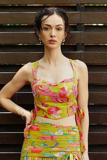 Nautanky Yellow Crepe Beads Sweetheart Neck Botanical Print Bustier With Slit Skirt at Aza Fashions Nautanky_Yellow Crepe Beads Sweetheart Neck Botanical Print Bustier With Slit Skirt _at_Aza_Fashions