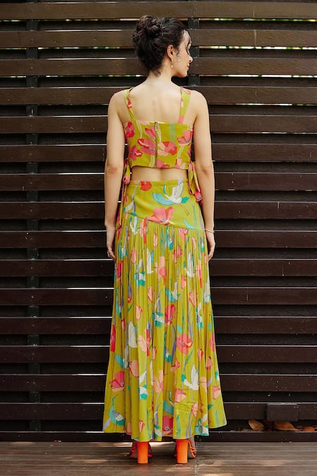 Nautanky Botanical Print Bustier With Slit Skirt 