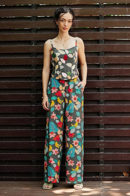 Nautanky_Grey Crepe Sequins Sweetheart Neck Exotic Print Corset And Pant Co-ord Set _Online_at_Aza_Fashions