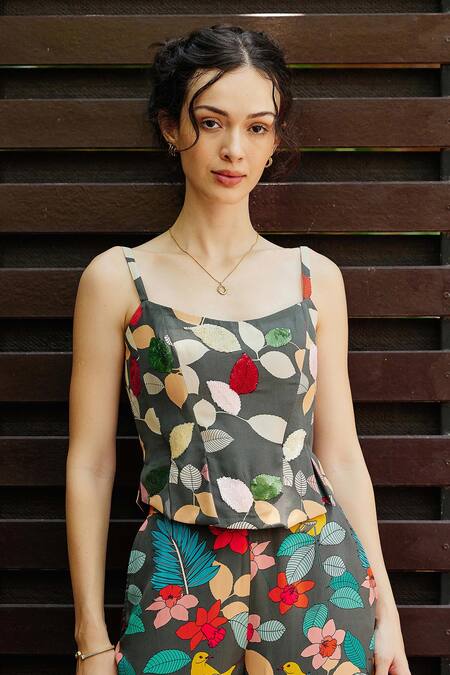 Nautanky_Grey Crepe Sequins Sweetheart Neck Exotic Print Corset And Pant Co-ord Set _at_Aza_Fashions