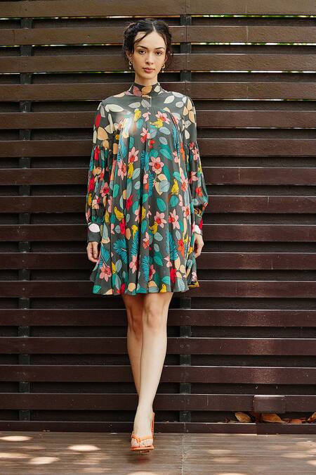 Buy Nautanky Grey Crepe Open Neck Exotic Print Short Dress Online at Aza Fashions Buy_Nautanky_Grey Crepe Open Neck Exotic Print Short Dress _Online_at_Aza_Fashions