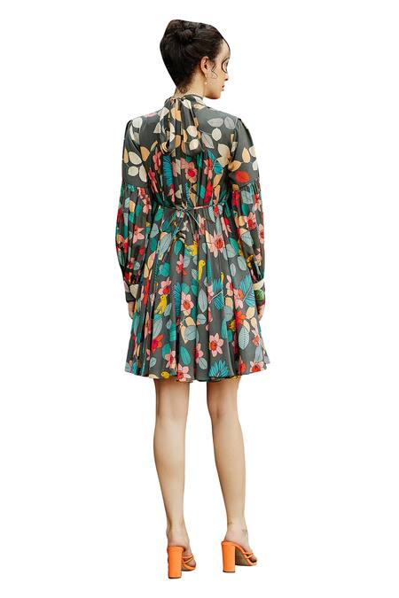 Nautanky Grey Crepe Open Neck Exotic Print Short Dress at Aza Fashions Nautanky_Grey Crepe Open Neck Exotic Print Short Dress _at_Aza_Fashions