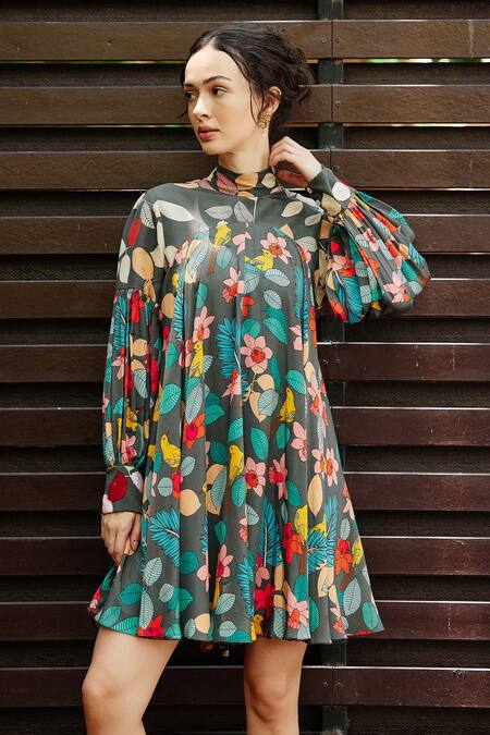 Buy Nautanky Grey Crepe Open Neck Exotic Print Short Dress Buy_Nautanky_Grey Crepe Open Neck Exotic Print Short Dress