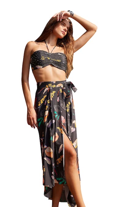 Nautanky Grey Crepe Beads Halter Neck Eden Printed Bustier With Draped Skirt Online at Aza Fashions Nautanky_Grey Crepe Beads Halter Neck Eden Printed Bustier With Draped Skirt _Online_at_Aza_Fashions