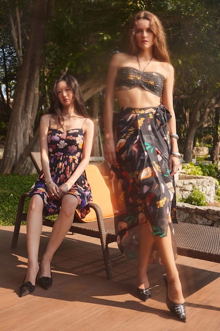 Nautanky Grey Crepe Beads Halter Neck Eden Printed Bustier With Draped Skirt at Aza Fashions Nautanky_Grey Crepe Beads Halter Neck Eden Printed Bustier With Draped Skirt _at_Aza_Fashions