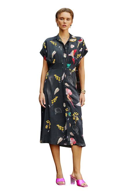 Nautanky_Blue Crepe Beads, Sequins Collared Eden Floral Print Shirt Dress _Online_at_Aza_Fashions