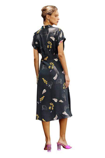 Nautanky_Blue Crepe Beads, Sequins Collared Eden Floral Print Shirt Dress _at_Aza_Fashions