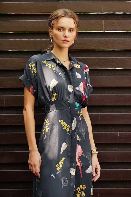 Buy_Nautanky_Blue Crepe Beads, Sequins Collared Eden Floral Print Shirt Dress 