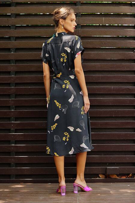 Shop_Nautanky_Blue Crepe Beads, Sequins Collared Eden Floral Print Shirt Dress _at_Aza_Fashions