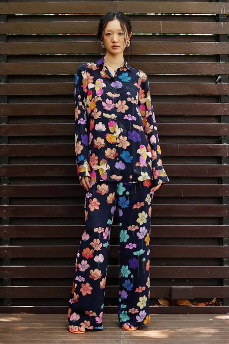 Buy Nautanky Blue Crepe Collared Oasis Printed Shirt And Pant Co-ord Set Online at Aza Fashions Buy_Nautanky_Blue Crepe Collared Oasis Printed Shirt And Pant Co-ord Set _Online_at_Aza_Fashions