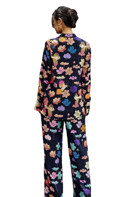 Shop Nautanky Blue Crepe Collared Oasis Printed Shirt And Pant Co-ord Set Online at Aza Fashions Shop_Nautanky_Blue Crepe Collared Oasis Printed Shirt And Pant Co-ord Set _Online_at_Aza_Fashions