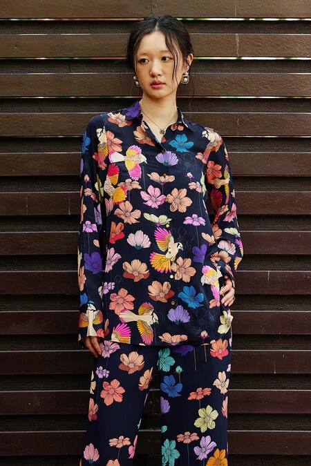 Nautanky Blue Crepe Collared Oasis Printed Shirt And Pant Co-ord Set at Aza Fashions Nautanky_Blue Crepe Collared Oasis Printed Shirt And Pant Co-ord Set _at_Aza_Fashions