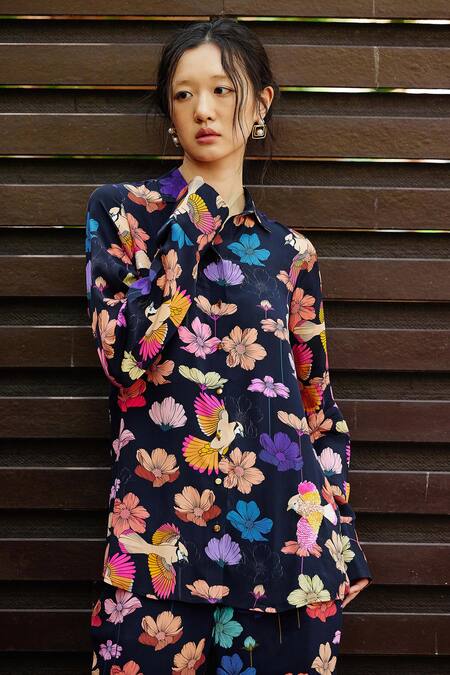 Buy Nautanky Blue Crepe Collared Oasis Printed Shirt And Pant Co-ord Set Buy_Nautanky_Blue Crepe Collared Oasis Printed Shirt And Pant Co-ord Set