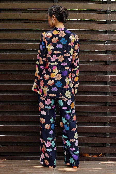 Shop Nautanky Blue Crepe Collared Oasis Printed Shirt And Pant Co-ord Set at Aza Fashions Shop_Nautanky_Blue Crepe Collared Oasis Printed Shirt And Pant Co-ord Set _at_Aza_Fashions