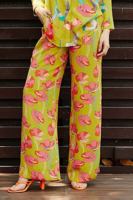 Nautanky Yellow Crepe Beads Collared Botanic Print Shirt With Straight Pant Online at Aza Fashions Nautanky_Yellow Crepe Beads Collared Botanic Print Shirt With Straight Pant _Online_at_Aza_Fashions