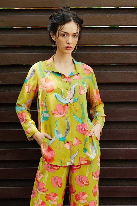 Buy Nautanky Yellow Crepe Beads Collared Botanic Print Shirt With Straight Pant Online at Aza Fashions Buy_Nautanky_Yellow Crepe Beads Collared Botanic Print Shirt With Straight Pant _Online_at_Aza_Fashions