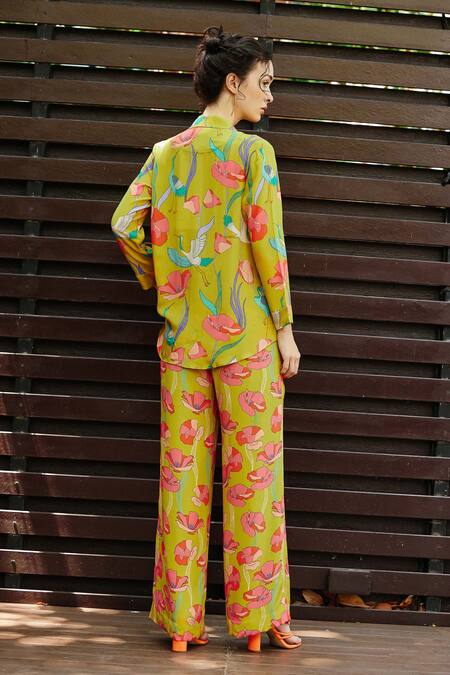 Shop Nautanky Yellow Crepe Beads Collared Botanic Print Shirt With Straight Pant at Aza Fashions Shop_Nautanky_Yellow Crepe Beads Collared Botanic Print Shirt With Straight Pant _at_Aza_Fashions