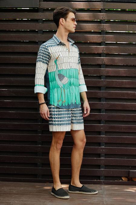 Nautanky_Multi Color Polyester, Faux Leather Tropicana Printed Shirt With Shorts _Online_at_Aza_Fashions