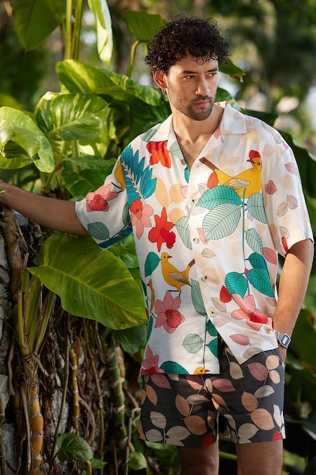 Shop_Nautanky_White Cotton Embroidery Peta Match Printed Shirt With Shorts _at_Aza_Fashions