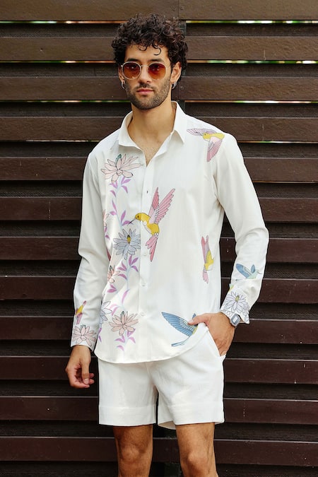 Nautanky_White Polyester Embroidery Bliss Printed Shirt With Shorts _Online_at_Aza_Fashions