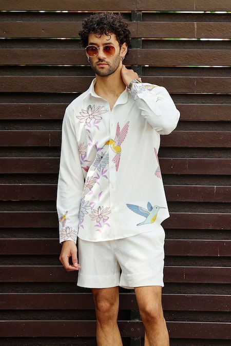 Shop_Nautanky_White Polyester Embroidery Bliss Printed Shirt With Shorts _at_Aza_Fashions