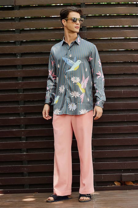 Nautanky Grey Fluid Cotton Printed Bird Exotic Charm Shirt With Pant