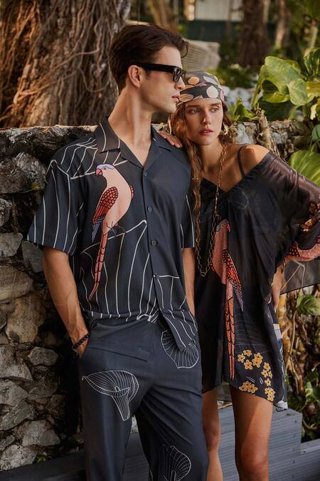 Shop Nautanky Grey Cotton Ebony Printed Shirt With Pant Shop_Nautanky_Grey Cotton Ebony Printed Shirt With Pant