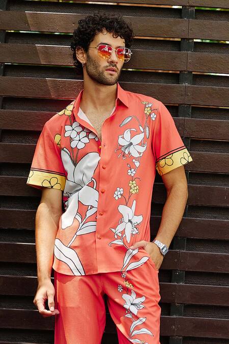 Nautanky_Red Polyester Lily Bloom Print Shirt With Pant _Online_at_Aza_Fashions