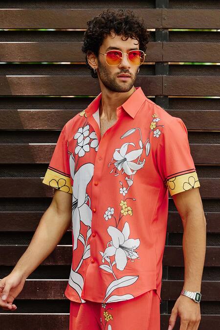 Shop_Nautanky_Red Polyester Lily Bloom Print Shirt With Pant _Online_at_Aza_Fashions