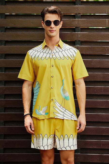 Nautanky_Yellow Polyester Sunset Tropic Printed Shirt With Shorts _Online_at_Aza_Fashions