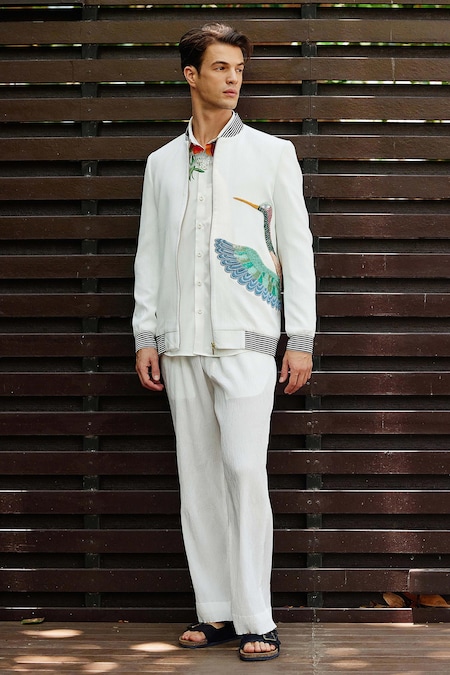 Nautanky White Snake Skin Texture Embroidered Bird Song Bomber Jacket With Pant