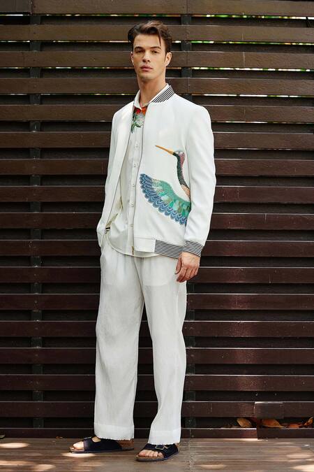 Buy Nautanky White Polyester Embroidery Song Bird Bomber Jacket With Pant Online at Aza Fashions Buy_Nautanky_White Polyester Embroidery Song Bird Bomber Jacket With Pant _Online_at_Aza_Fashions